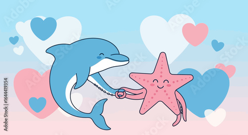 Illustrative cartoon of a dolphin and starfish holding hands with hearts background