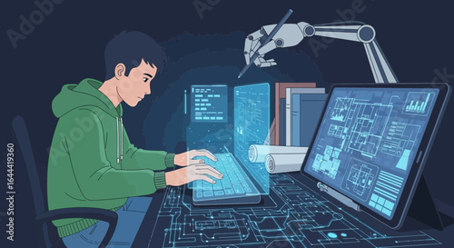 Illustration of a young man working on software development with robotic assistance showcasing future technology