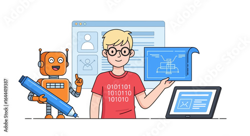 Illustration of a young programmer with robot assistant showcasing coding design skills and technological knowledge