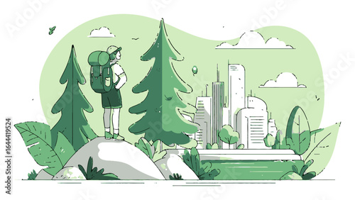 Adventure Seeker in Nature with Cityscape Background Vector Illustration