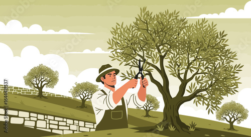 Illustrative depiction of a farmer pruning olive trees in a rural setting with stone walls