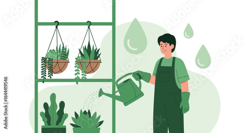 Illustrative depiction of a gardener watering potted plants inside a greenhouse ambiance