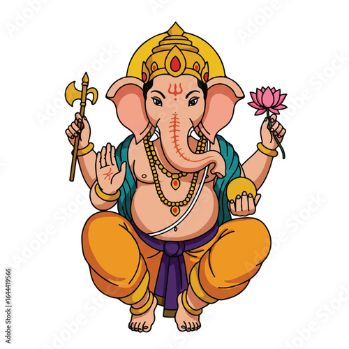 Illustration of Lord Ganesha sitting in a yoga pose during Ganesh Chaturthi celebrations with vibrant colors.