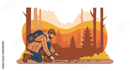 Illustrative depiction of a man collecting fall leaves in an autumn landscape scene
