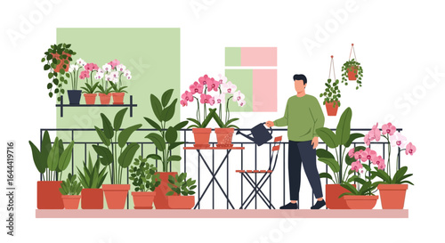 Illustrative depiction of a man tending to his vibrant balcony garden with diverse houseplants