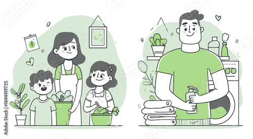 Family Engaging in Gardening and Household Chores in Minimalist Style Illustration