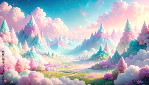 Dreamy pastel colored fantasy world with candy mountains, fluffy clouds, and a magical valley.