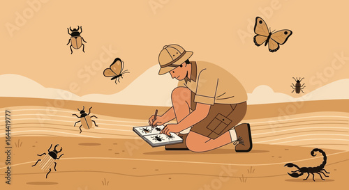 Illustrative depiction of a naturalist in the desert documenting insects in a field journal