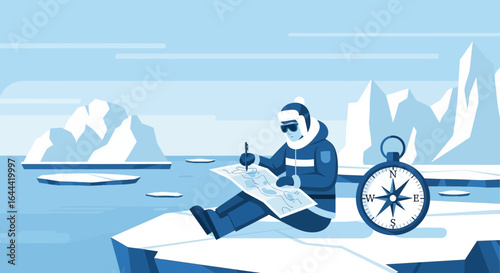 Illustrative depiction of a polar explorer charting his course amidst the ice floes