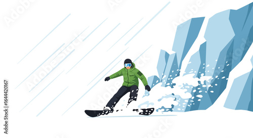 Illustrative depiction of a snowboarder carving down a mountain slope during winter