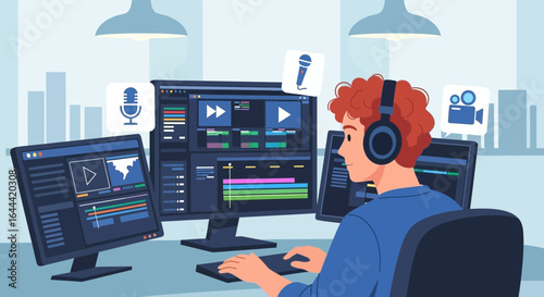 Illustrative depiction of a video editor working with multiple monitors at his desk