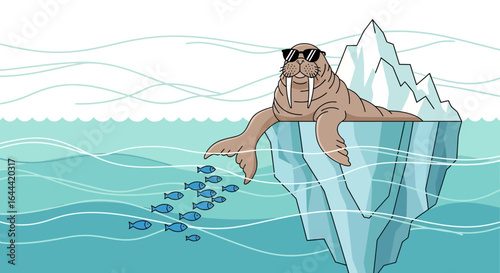 Illustrative depiction of a walrus wearing sunglasses on an iceberg surrounded by fish in the arctic