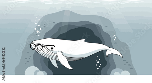 Illustrative depiction of a whale wearing glasses in the ocean environment