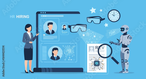 Illustrative depiction of artificial intelligence and human collaboration in HR recruitment and hiring processes