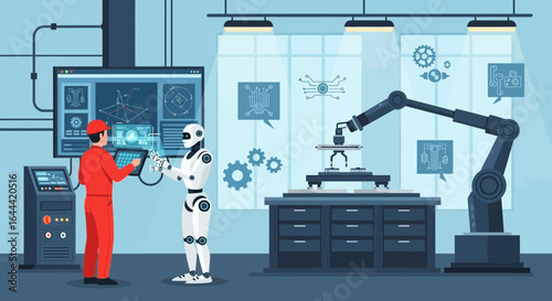 Illustrative depiction of automated factory with human and robot collaboration on production line utilizing advanced control panel systems