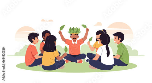 Illustrative depiction of children playing in a circle with leaves and youthful exuberance in nature's embrace