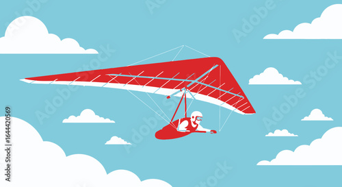 Illustrative depiction of hang gliding adventure against a cloudy blue sky backdrop