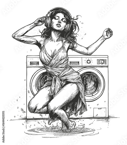 Elegant Woman Dancing in Water with Headphones Beside Washing Machine
