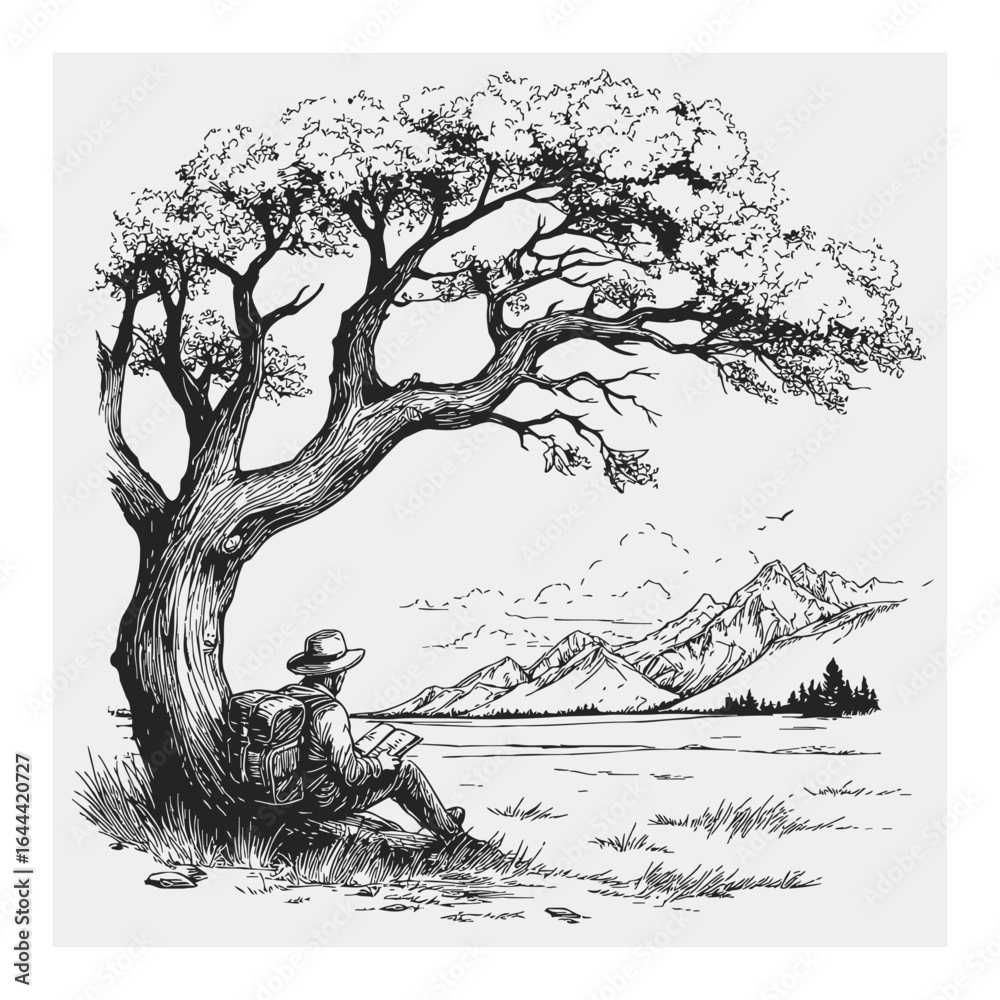 Obraz premium Scenic Hand-Drawn Engraving of Adventurer with Backpack by Tree