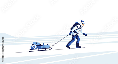 Illustrative expedition in the snow with a sled hauling industrial parts representing progress and determination