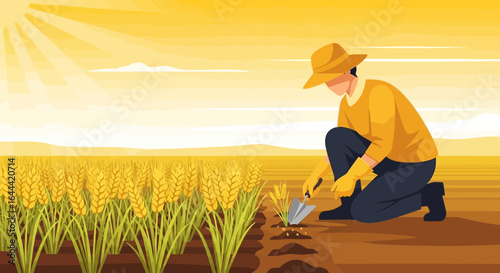 Illustrative Farmer Cultivating Wheat Crop On Agricultural Landscape Field