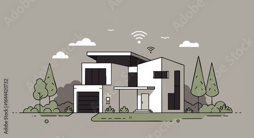 Modern Smart Home with Wi-Fi Signals and Minimalist Design