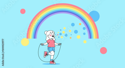 Illustrative image of a happy girl jumping rope with a rainbow backdrop design
