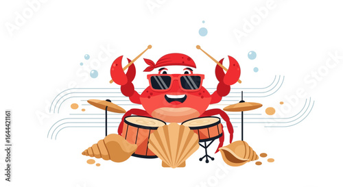 Illustrative musical red crab drummer with bandana sunglasses drums shells ocean vibes for kids educational media and summer designs