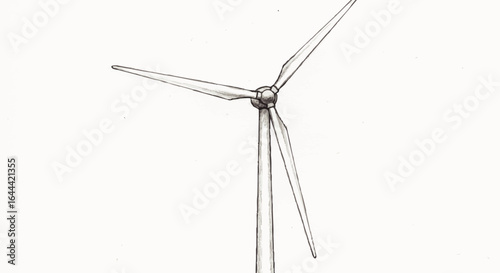 Monochrome pencil drawing of a three-bladed wind turbine with detailed shading and clean lines.