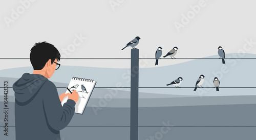 Illustrative Scene: A Man Sketching Birds Perched on Wires in a Serene Grey Palette