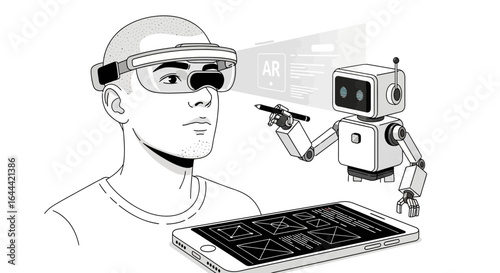 Illustrative representation of augmented reality technology and robotic assistance in design development