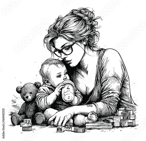 Hand Drawn Engraving of Mother Feeding Baby Surrounded by Toys and Blocks
