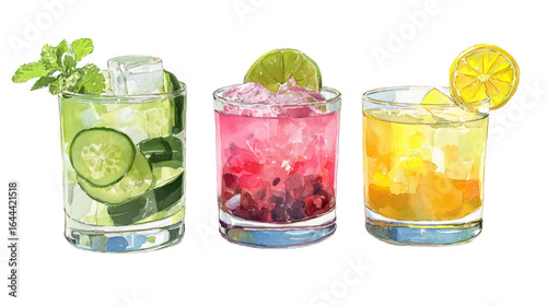 Minimalist Watercolor Painting of Three Refreshing Mocktails on Transparent Background