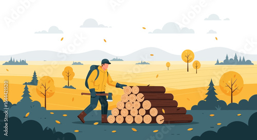 Illustrative scene of a lumberjack working in a forest with fallen leaves and warm autumnal colors