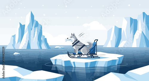 Illustrative scene of a husky dog sledding on ice floe amidst icy landscapes, showcasing arctic scenery