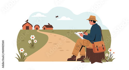 Illustrative scene of a man sketching landscape with farmhouses and nature views