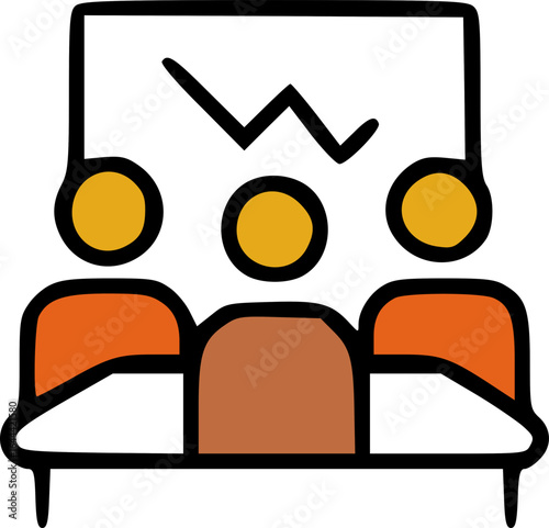 An icon of three people in a meeting viewing a presentation with a declining graph.