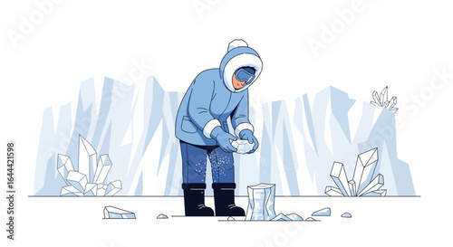 Illustrative scene of a person in winter gear breaking ice in a polar setting
