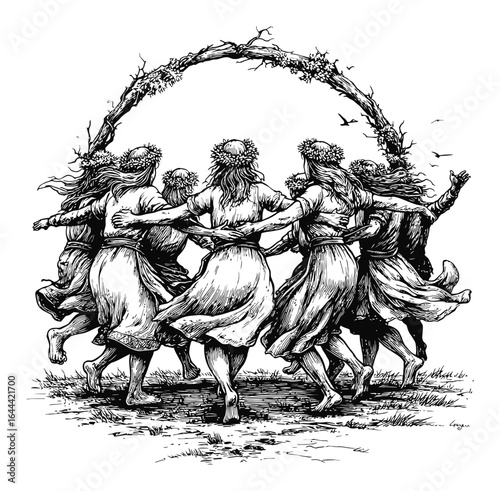 Hand-Drawn Engraving of Dancers in Circle Under Floral Arch