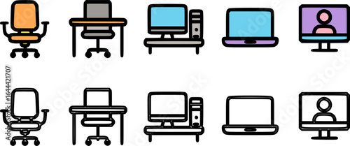 A graphic set of office and work-from-home icons, featuring chairs, desks, and computers in color and outline styles.