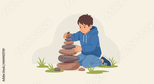 Illustrative scene of a young boy stacking stones with a focused expression and calm neutral backdrop