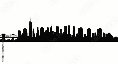 Panoramic black silhouette of a major city skyline with skyscrapers and a prominent bridge.