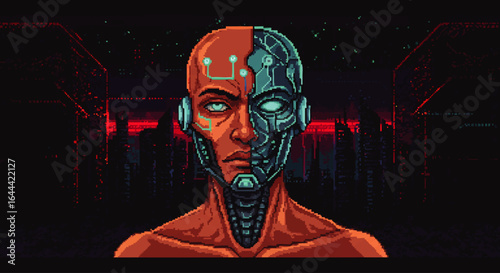Pixel Art Cyborg Portrait with Divided Face in a Post-Apocalyptic Cityscape
