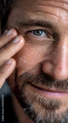 Closeup of Mans Eye Touching Skin Blue Eyes Beard.