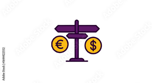 Purple signpost with blank arrows flanked by yellow Euro and Dollar currency coins.