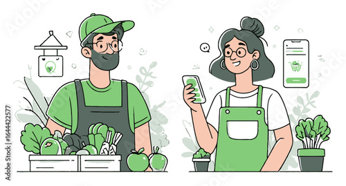Fresh Produce Market Illustration with Greenery and Smartphone User