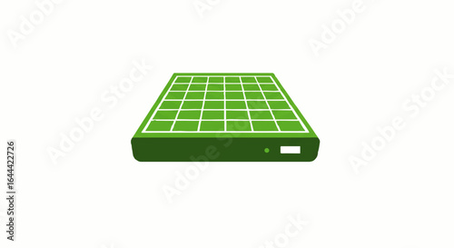 Rectangular green solar panel device with a white grid, indicator light, and port. Flat icon design.