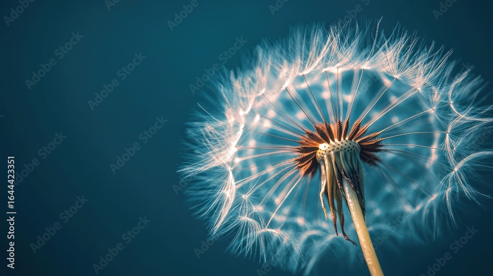 Fototapeta premium A close-up view of a dandelion seed head against a deep teal sky, its delicate seeds illuminated.