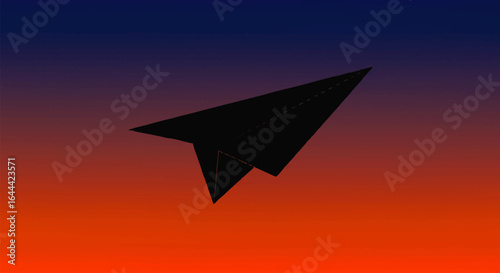 Sleek black paper airplane silhouette with a pointed nose, folded wings, and a dashed line crease detail.