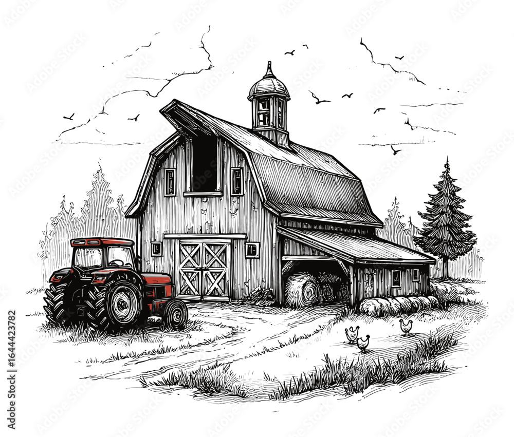 Fototapeta premium Hand-Drawn Engraving of a Rustic Barn with Tractor and Farmyard Scene